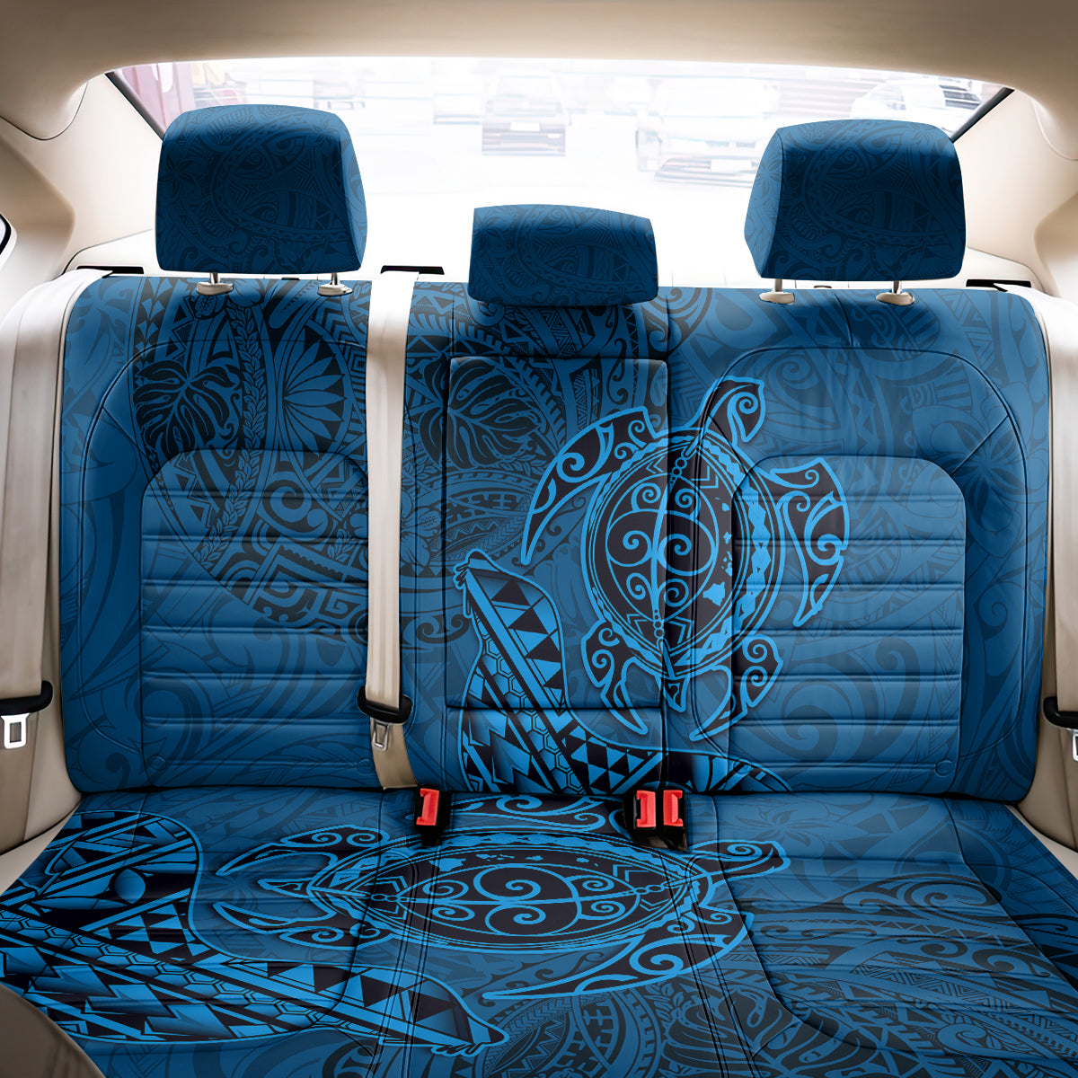 Hawaii Monk Seal and Dolphin Back Car Seat Cover Polynesian Kakau Pattern Blue