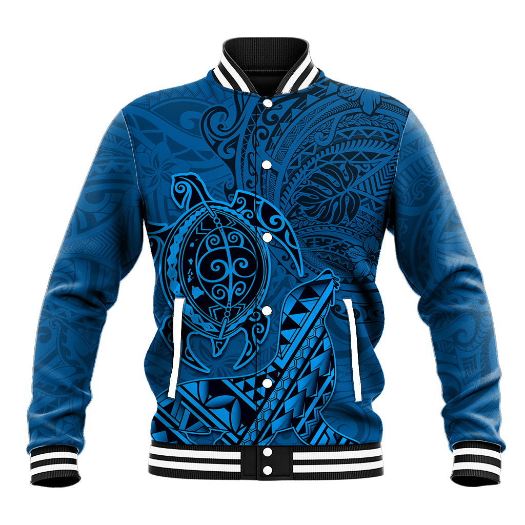 Hawaii Monk Seal and Dolphin Baseball Jacket Polynesian Kakau Pattern Blue