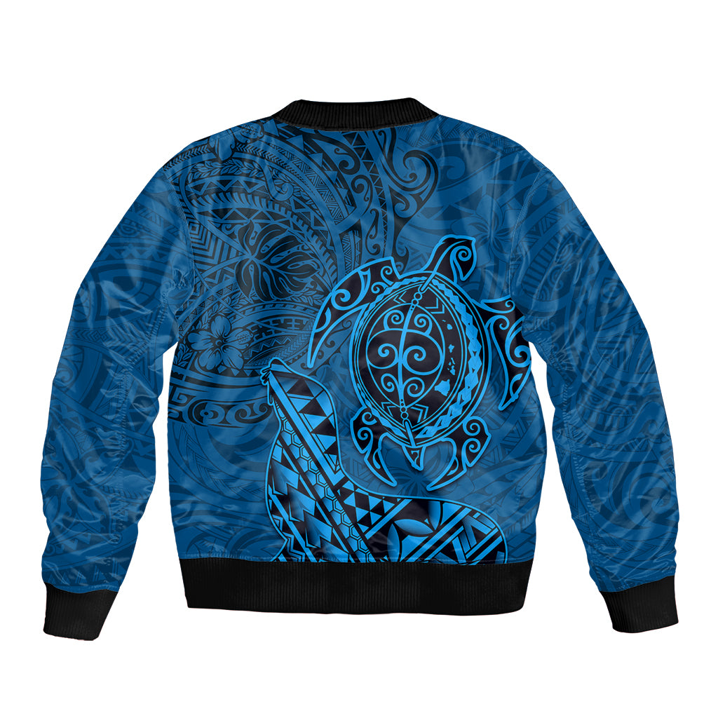 Hawaii Monk Seal and Dolphin Bomber Jacket Polynesian Kakau Pattern Blue