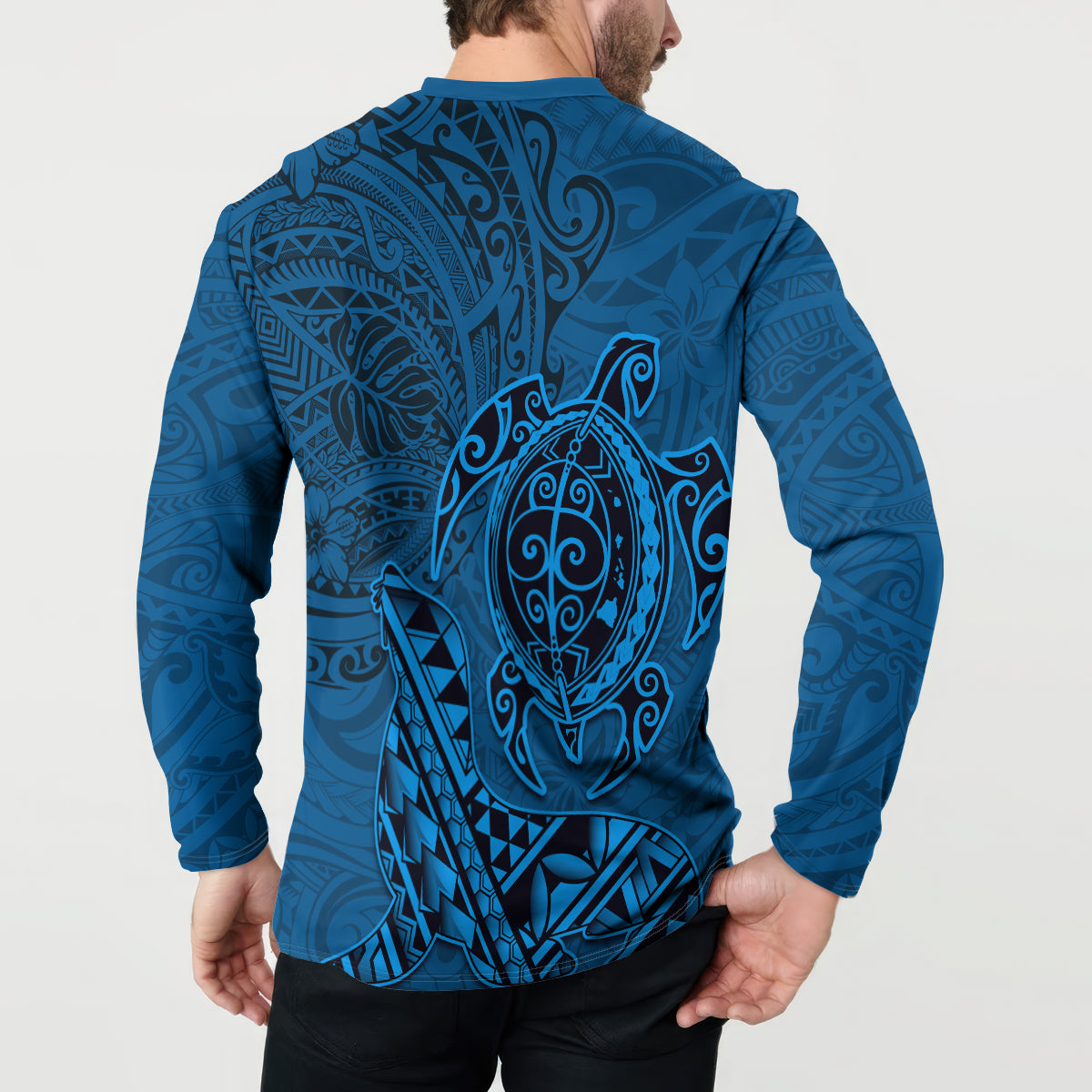 Hawaii Monk Seal and Dolphin Button Sweatshirt Polynesian Kakau Pattern Blue