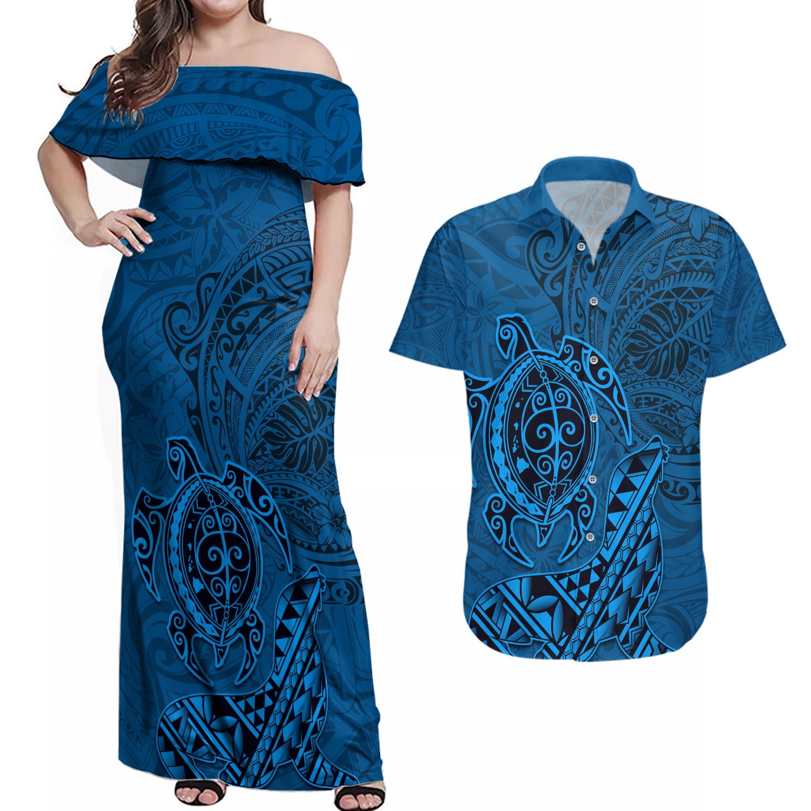 Hawaii Monk Seal and Dolphin Couples Matching Off Shoulder Maxi Dress and Hawaiian Shirt Polynesian Kakau Pattern Blue