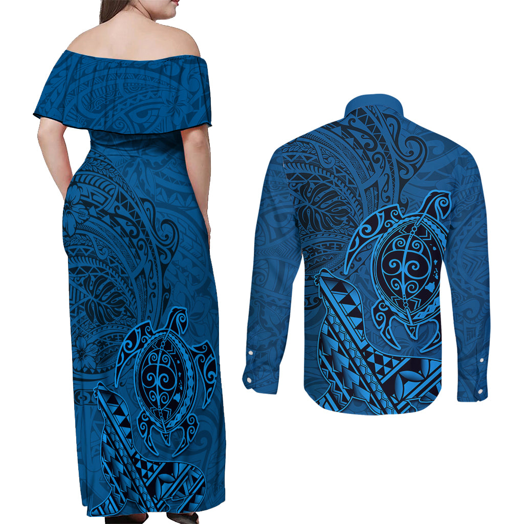 Hawaii Monk Seal and Dolphin Couples Matching Off Shoulder Maxi Dress and Long Sleeve Button Shirt Polynesian Kakau Pattern Blue