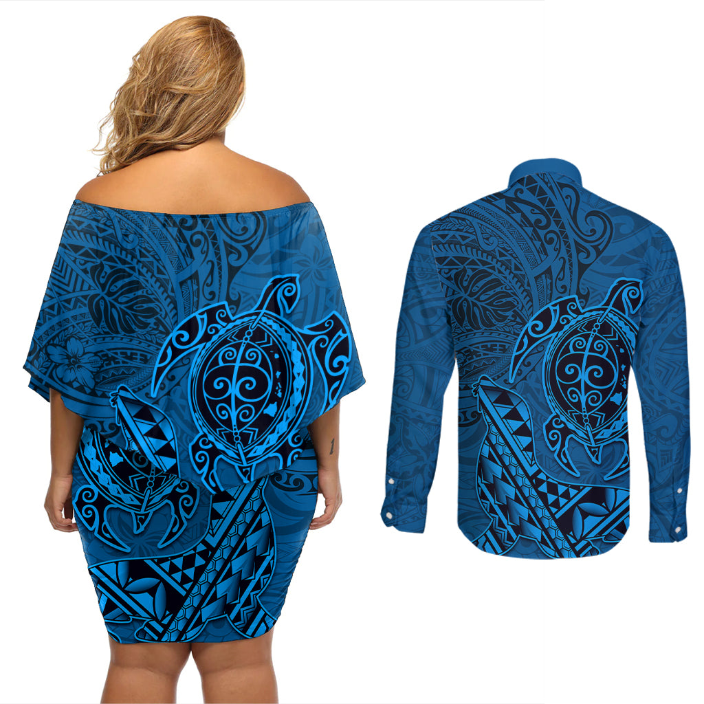 Hawaii Monk Seal and Dolphin Couples Matching Off Shoulder Short Dress and Long Sleeve Button Shirt Polynesian Kakau Pattern Blue