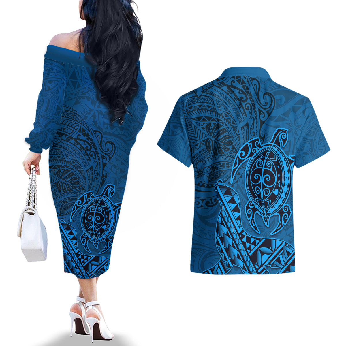 Hawaii Monk Seal and Dolphin Couples Matching Off The Shoulder Long Sleeve Dress and Hawaiian Shirt Polynesian Kakau Pattern Blue