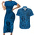 Hawaii Monk Seal and Dolphin Couples Matching Short Sleeve Bodycon Dress and Hawaiian Shirt Polynesian Kakau Pattern Blue