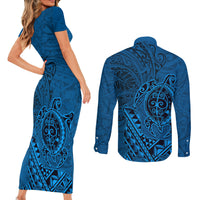 Hawaii Monk Seal and Dolphin Couples Matching Short Sleeve Bodycon Dress and Long Sleeve Button Shirt Polynesian Kakau Pattern Blue