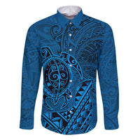 Hawaii Monk Seal and Dolphin Family Matching Long Sleeve Bodycon Dress and Hawaiian Shirt Polynesian Kakau Pattern Blue