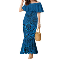 Hawaii Monk Seal and Dolphin Family Matching Mermaid Dress and Hawaiian Shirt Polynesian Kakau Pattern Blue