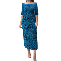 Hawaii Monk Seal and Dolphin Family Matching Puletasi and Hawaiian Shirt Polynesian Kakau Pattern Blue
