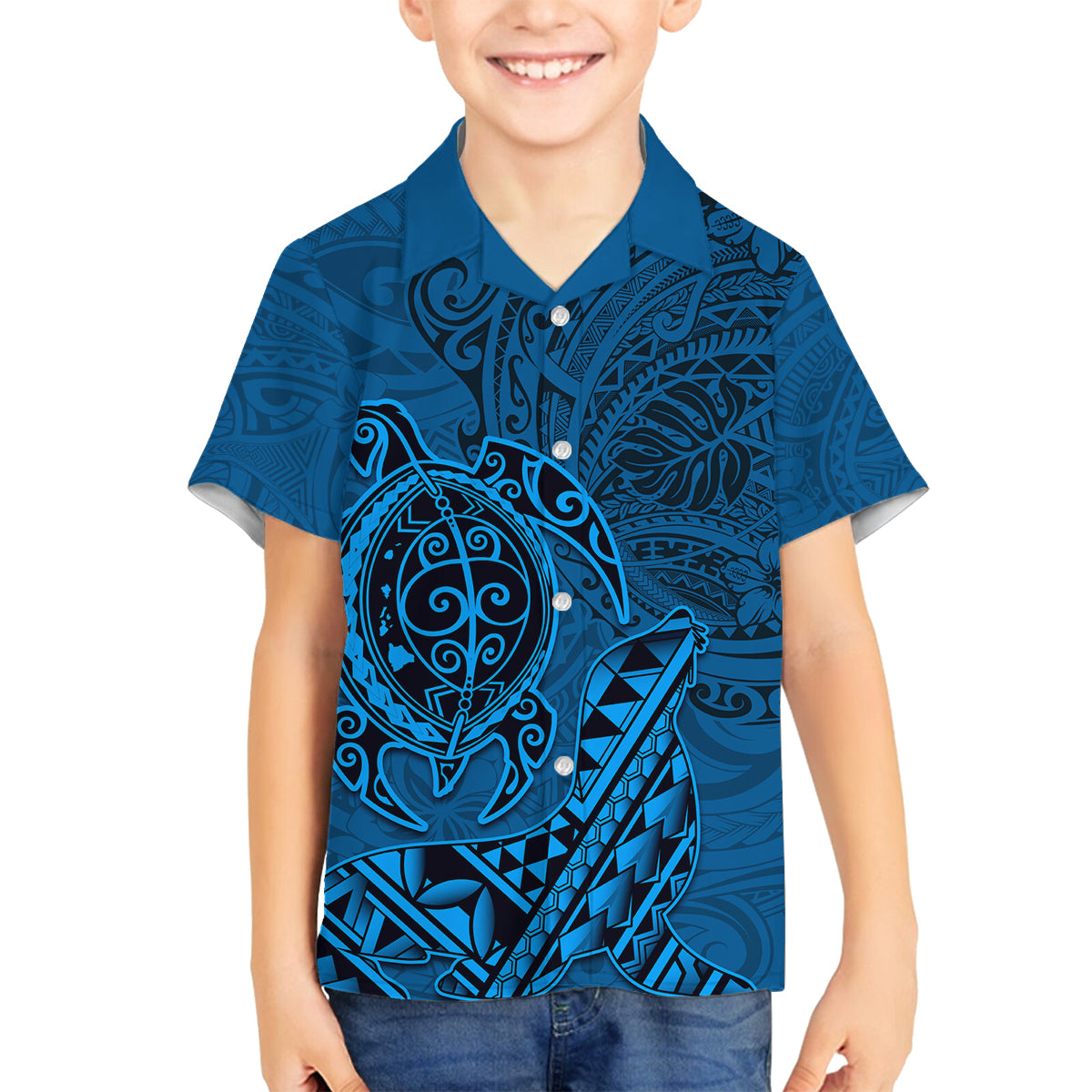 Hawaii Monk Seal and Dolphin Family Matching Puletasi and Hawaiian Shirt Polynesian Kakau Pattern Blue