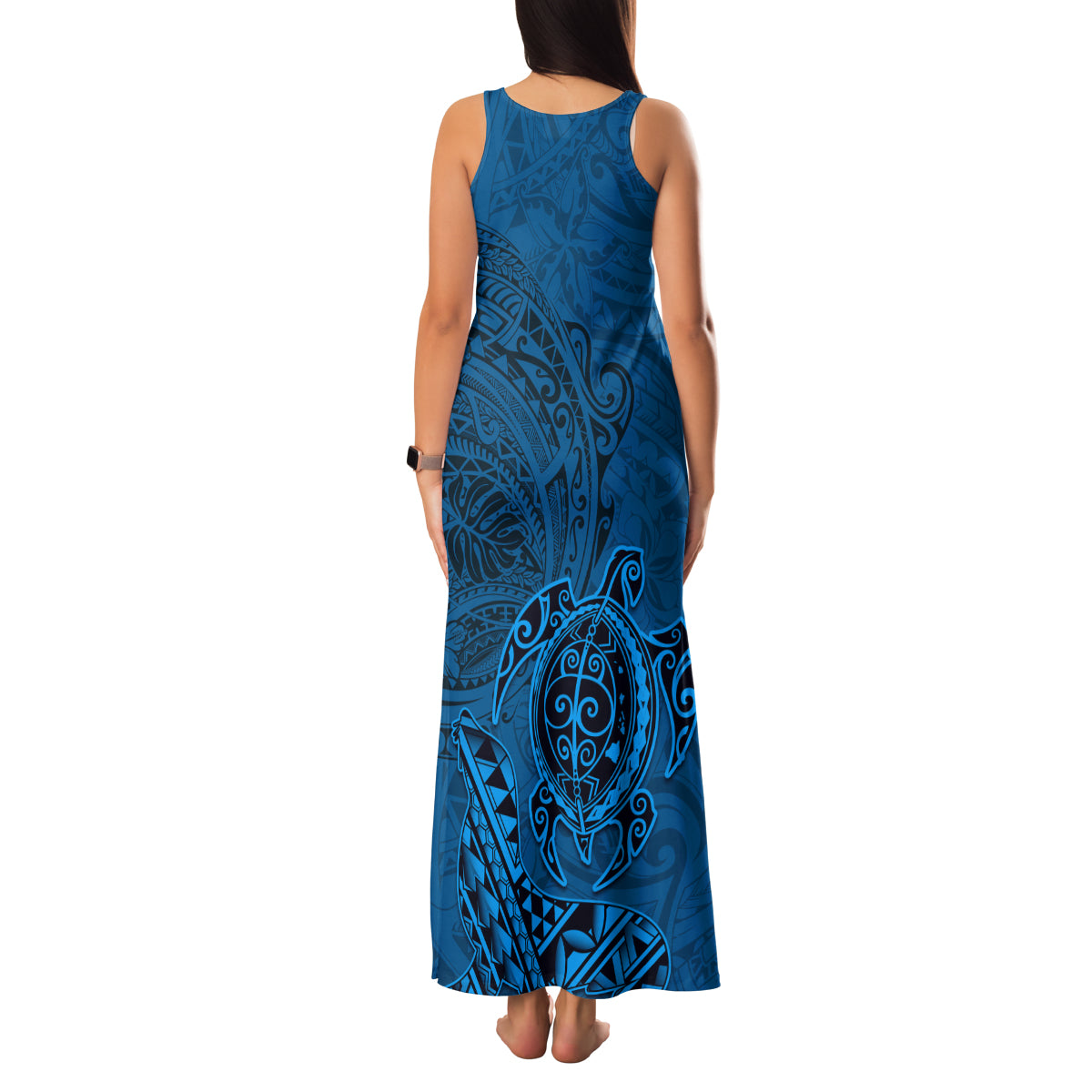 Hawaii Monk Seal and Dolphin Family Matching Tank Maxi Dress and Hawaiian Shirt Polynesian Kakau Pattern Blue