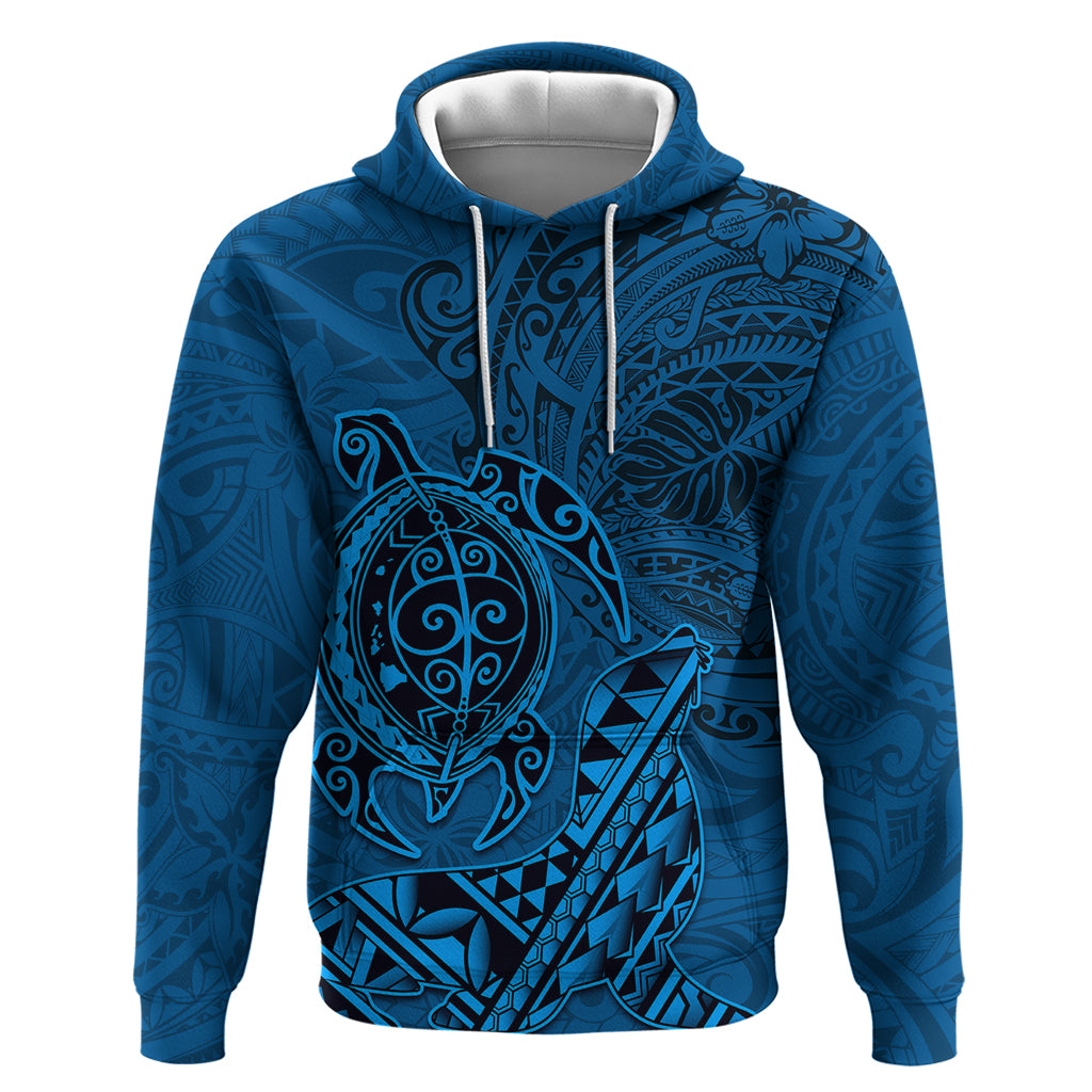 Hawaii Monk Seal and Dolphin Hoodie Polynesian Kakau Pattern Blue