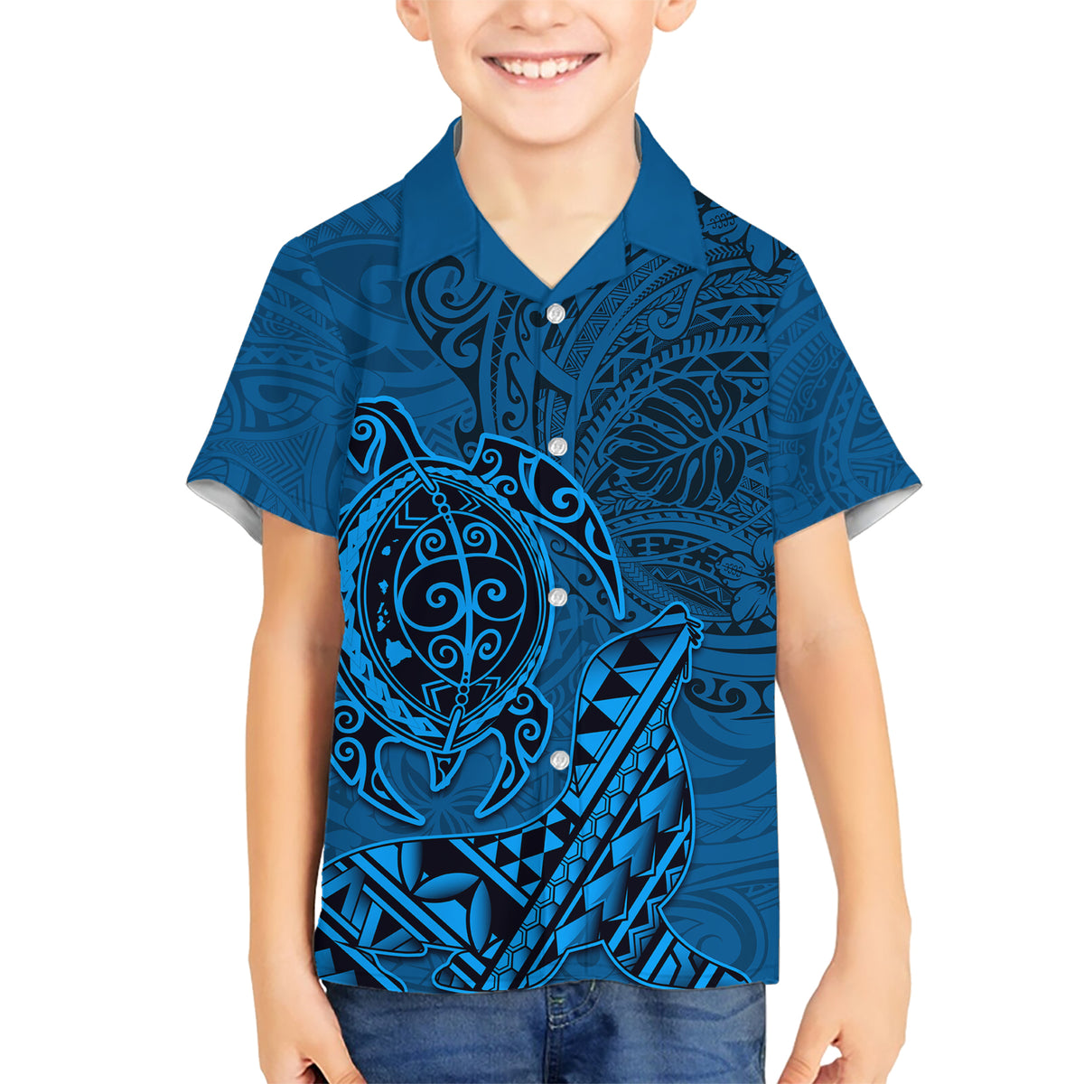 Hawaii Monk Seal and Dolphin Kid Hawaiian Shirt Polynesian Kakau Pattern Blue