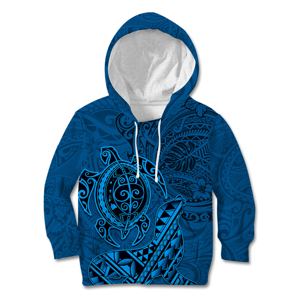 Hawaii Monk Seal and Dolphin Kid Hoodie Polynesian Kakau Pattern Blue