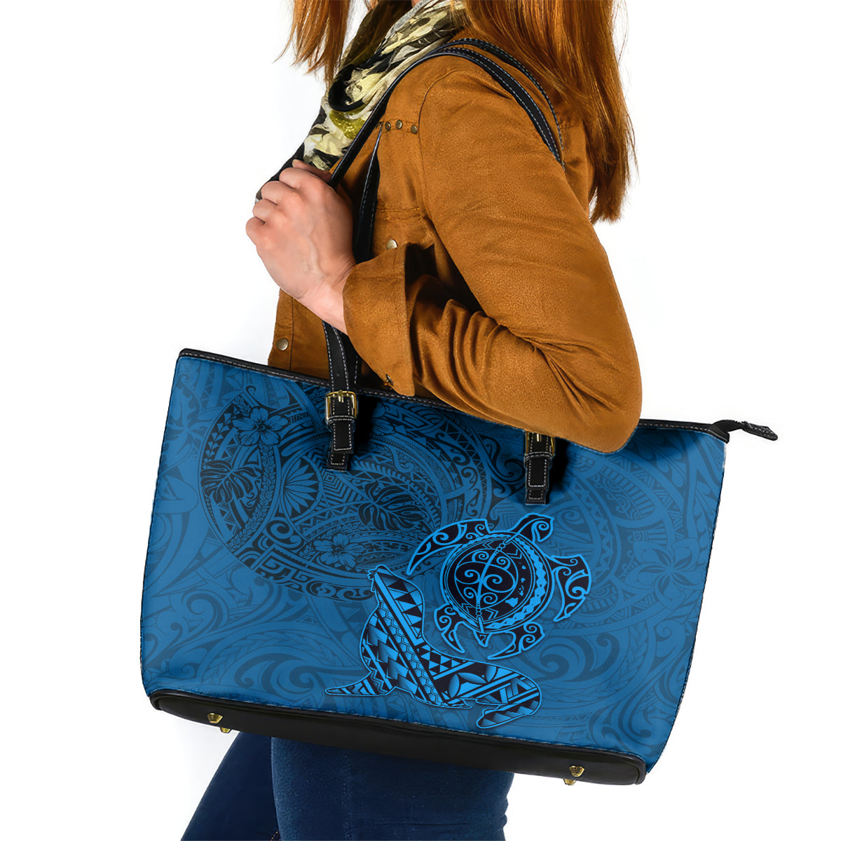 Hawaii Monk Seal and Dolphin Leather Tote Bag Polynesian Kakau Pattern Blue