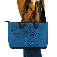 Hawaii Monk Seal and Dolphin Leather Tote Bag Polynesian Kakau Pattern Blue