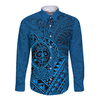 Hawaii Monk Seal and Dolphin Long Sleeve Button Shirt Polynesian Kakau Pattern Blue