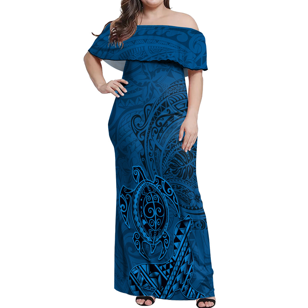 Hawaii Monk Seal and Dolphin Off Shoulder Maxi Dress Polynesian Kakau Pattern Blue