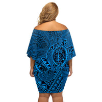 Hawaii Monk Seal and Dolphin Off Shoulder Short Dress Polynesian Kakau Pattern Blue
