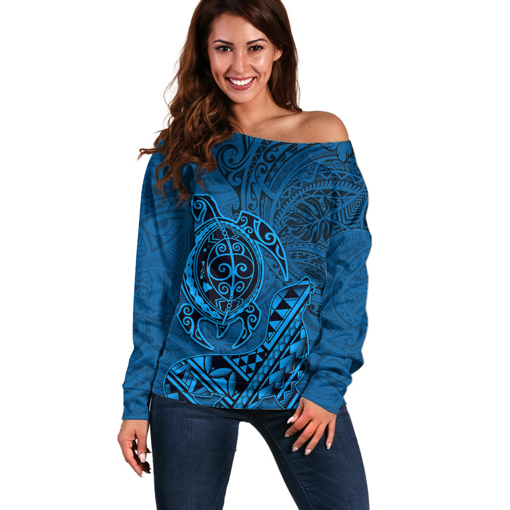 Hawaii Monk Seal and Dolphin Off Shoulder Sweater Polynesian Kakau Pattern Blue