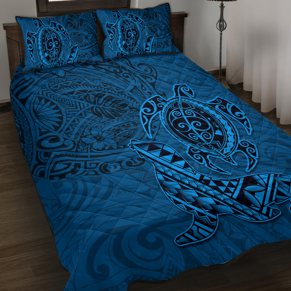 Hawaii Monk Seal and Dolphin Quilt Bed Set Polynesian Kakau Pattern Blue