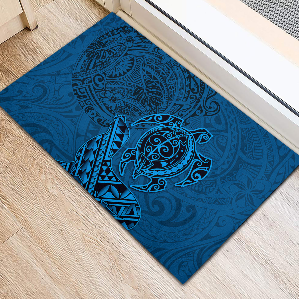 Hawaii Monk Seal and Dolphin Rubber Doormat Polynesian Kakau Pattern Blue