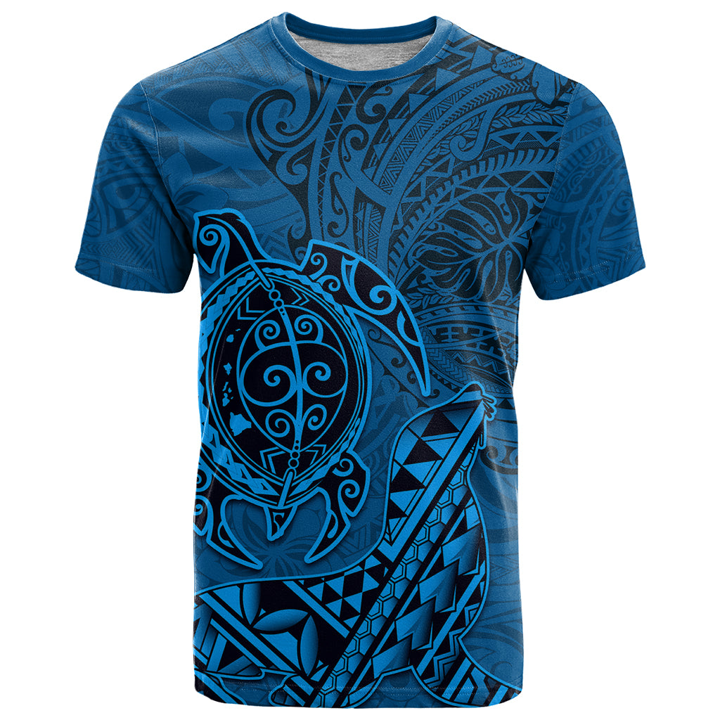 Hawaii Monk Seal and Dolphin T Shirt Polynesian Kakau Pattern Blue