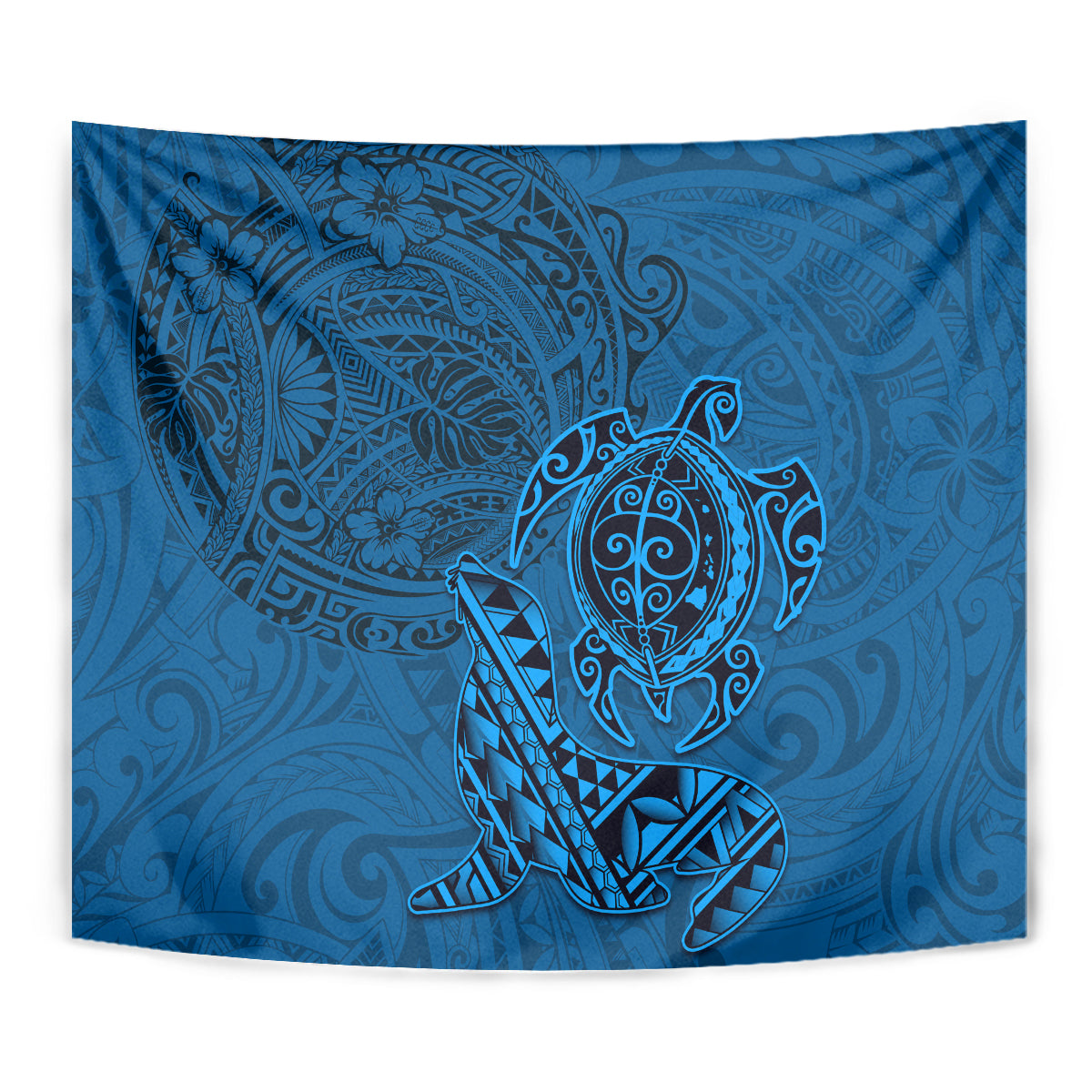 Hawaii Monk Seal and Dolphin Tapestry Polynesian Kakau Pattern Blue