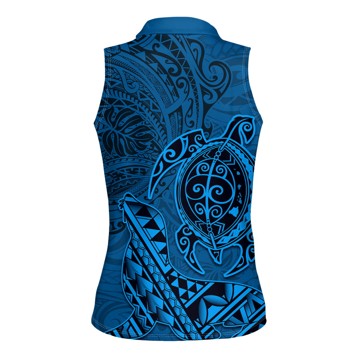 Hawaii Monk Seal and Dolphin Women Sleeveless Polo Shirt Polynesian Kakau Pattern Blue