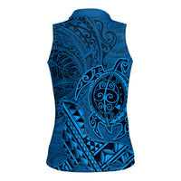 Hawaii Monk Seal and Dolphin Women Sleeveless Polo Shirt Polynesian Kakau Pattern Blue