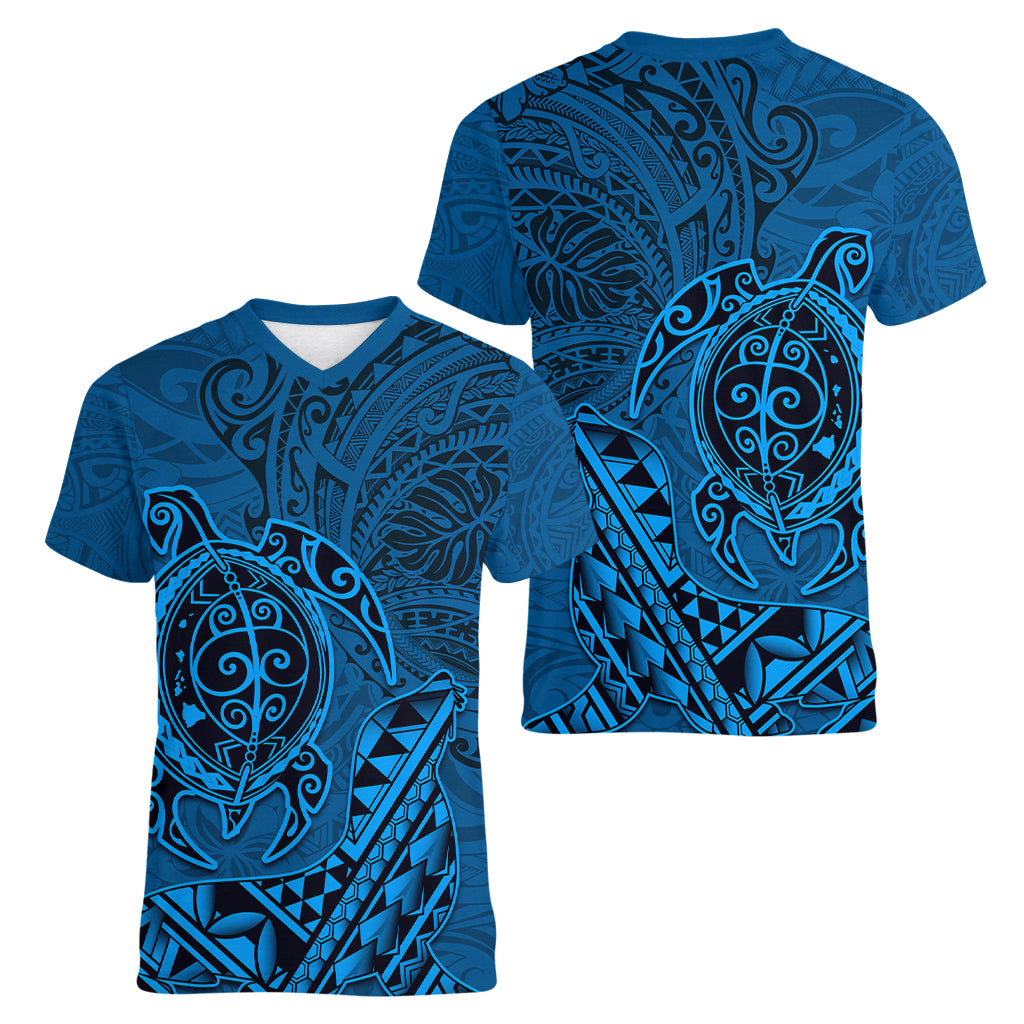 Hawaii Monk Seal and Dolphin Women V-Neck T-Shirt Polynesian Kakau Pattern Blue
