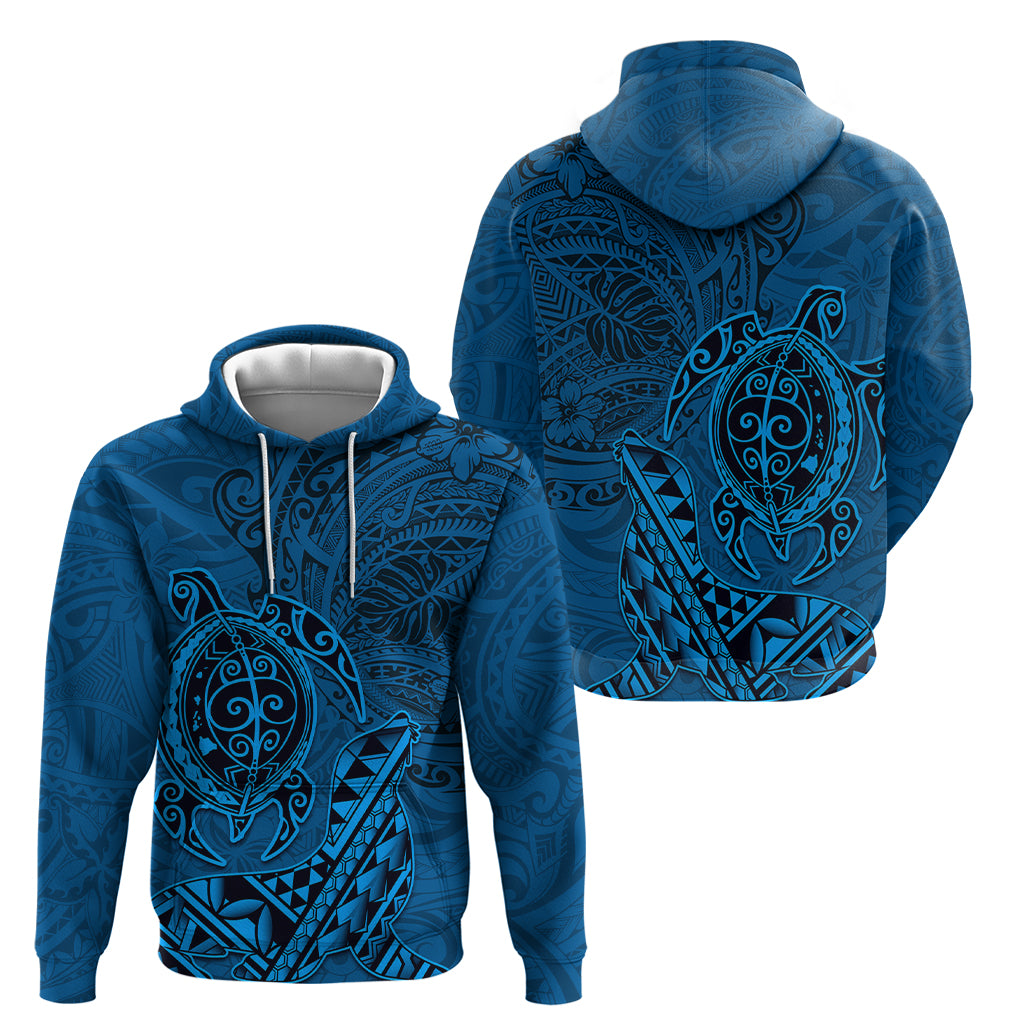Hawaii Monk Seal and Dolphin Zip Hoodie Polynesian Kakau Pattern Blue