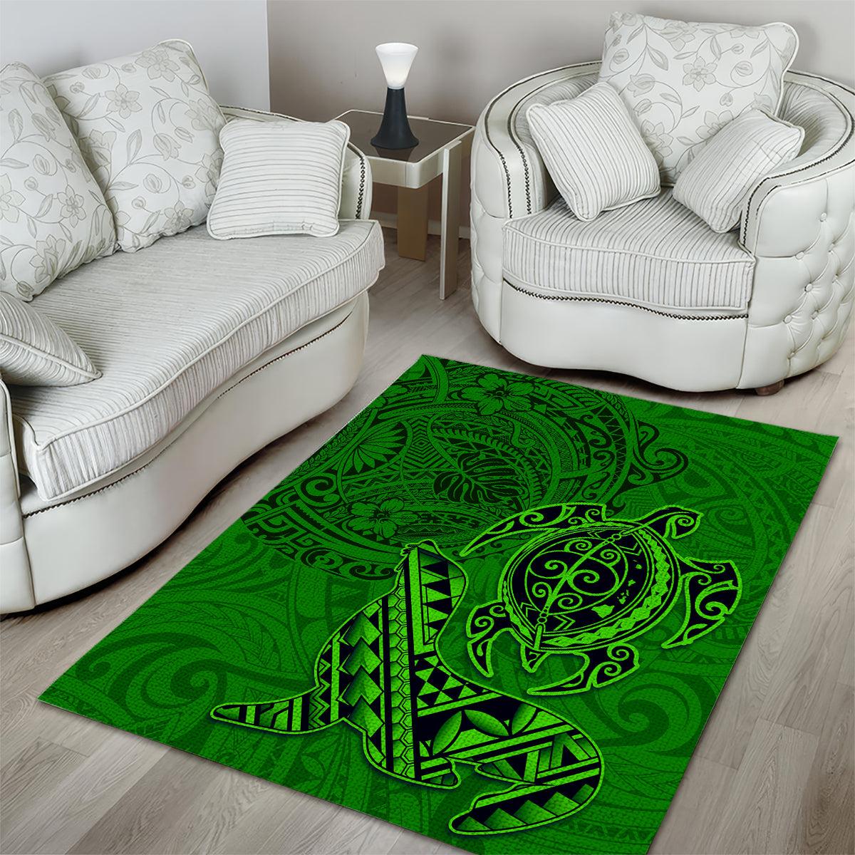 Hawaii Monk Seal and Dolphin Area Rug Polynesian Kakau Pattern Green