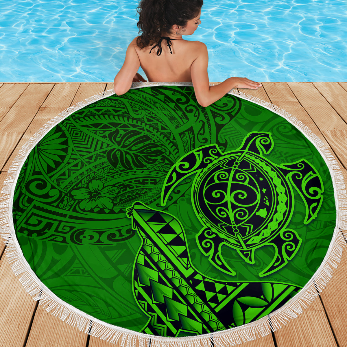 Hawaii Monk Seal and Dolphin Beach Blanket Polynesian Kakau Pattern Green