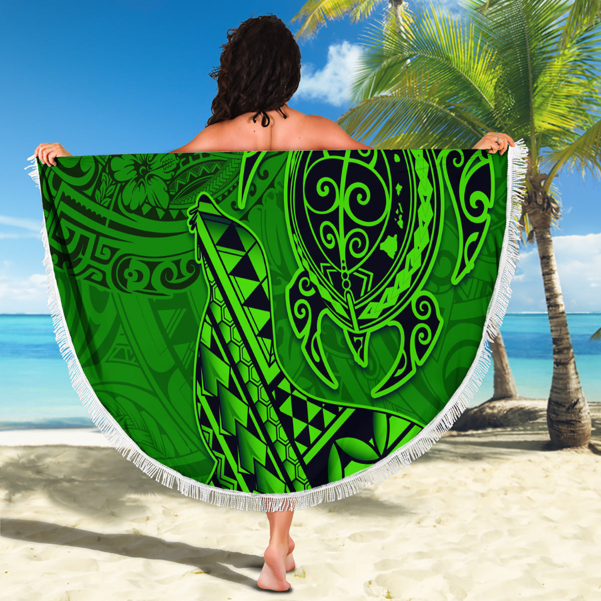Hawaii Monk Seal and Dolphin Beach Blanket Polynesian Kakau Pattern Green