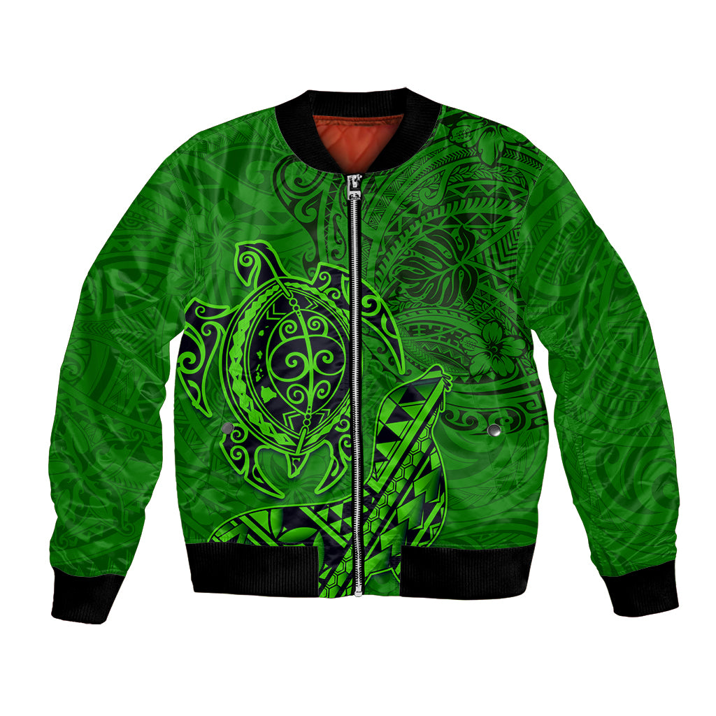 Hawaii Monk Seal and Dolphin Bomber Jacket Polynesian Kakau Pattern Green