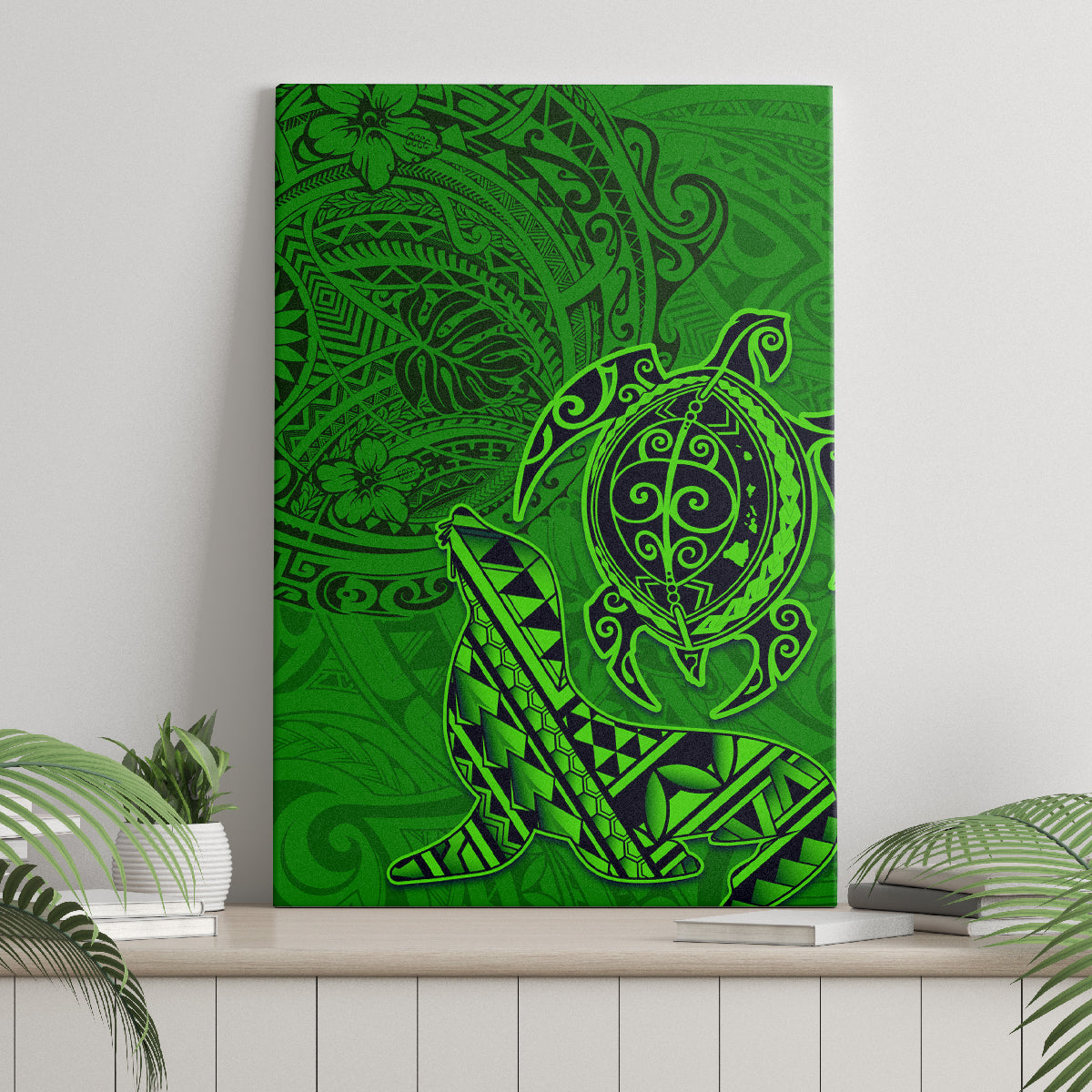Hawaii Monk Seal and Dolphin Canvas Wall Art Polynesian Kakau Pattern Green