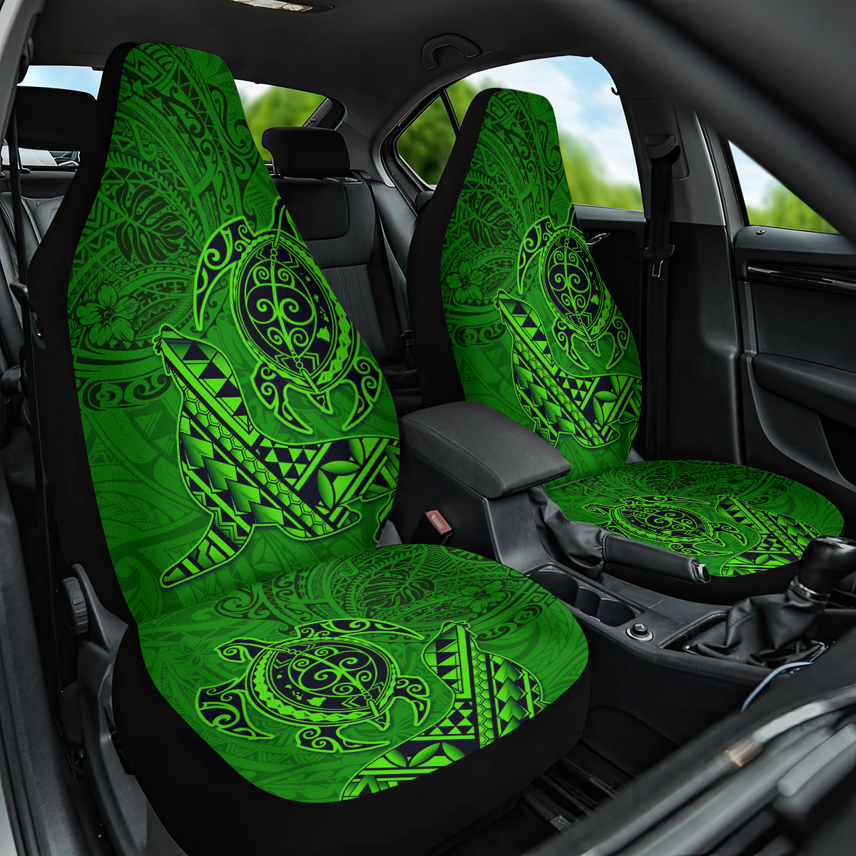 Hawaii Monk Seal and Dolphin Car Seat Cover Polynesian Kakau Pattern Green