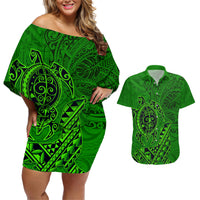 Hawaii Monk Seal and Dolphin Couples Matching Off Shoulder Short Dress and Hawaiian Shirt Polynesian Kakau Pattern Green
