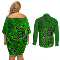 Hawaii Monk Seal and Dolphin Couples Matching Off Shoulder Short Dress and Long Sleeve Button Shirt Polynesian Kakau Pattern Green