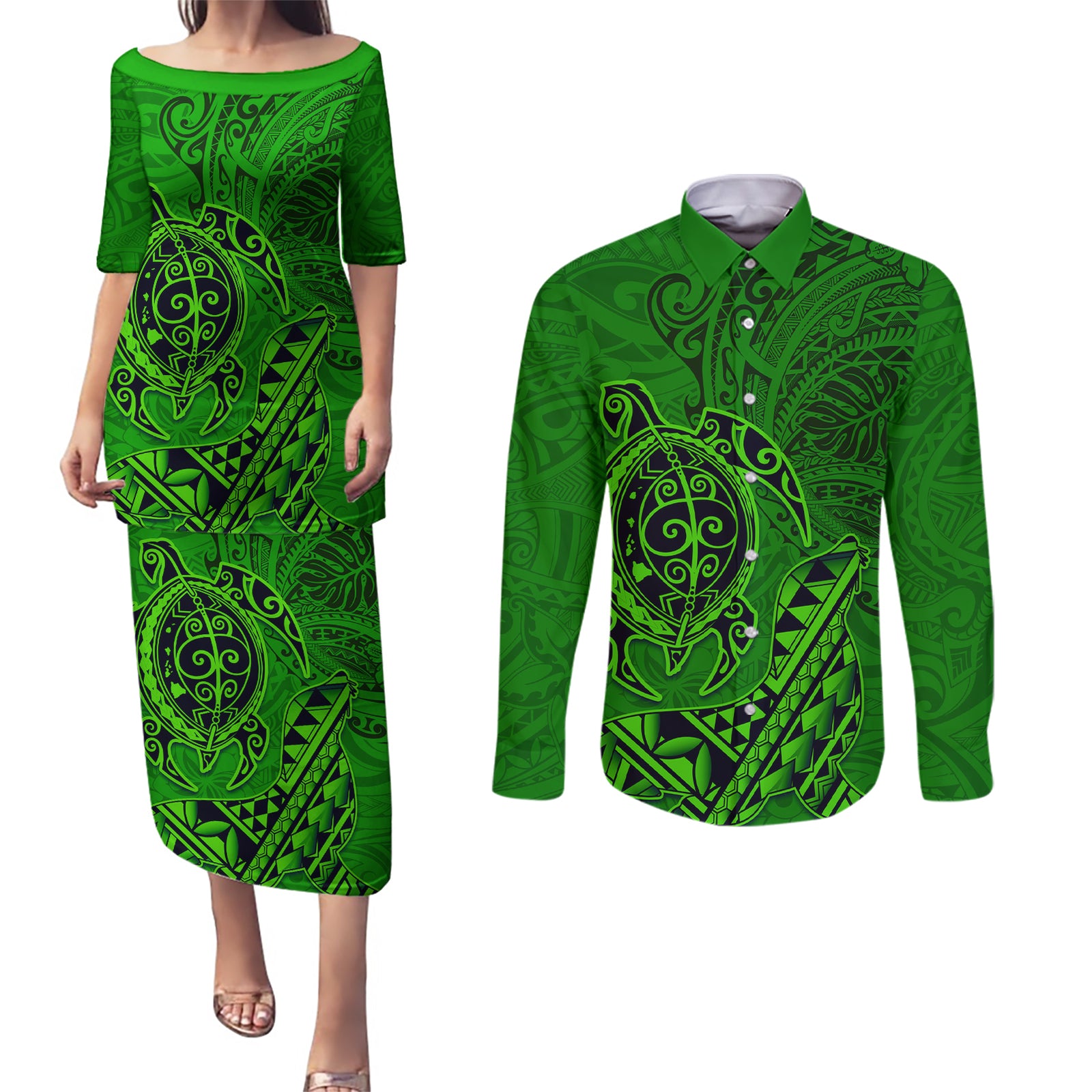 Hawaii Monk Seal and Dolphin Couples Matching Puletasi and Long Sleeve Button Shirt Polynesian Kakau Pattern Green
