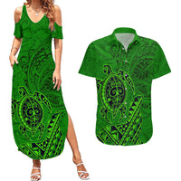 Hawaii Monk Seal and Dolphin Couples Matching Summer Maxi Dress and Hawaiian Shirt Polynesian Kakau Pattern Green