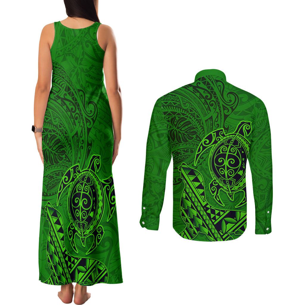 Hawaii Monk Seal and Dolphin Couples Matching Tank Maxi Dress and Long Sleeve Button Shirt Polynesian Kakau Pattern Green