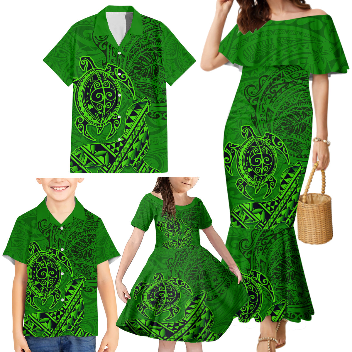 Hawaii Monk Seal and Dolphin Family Matching Mermaid Dress and Hawaiian Shirt Polynesian Kakau Pattern Green