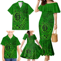 Hawaii Monk Seal and Dolphin Family Matching Mermaid Dress and Hawaiian Shirt Polynesian Kakau Pattern Green