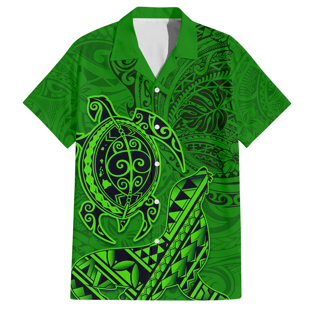 Hawaii Monk Seal and Dolphin Family Matching Off Shoulder Short Dress and Hawaiian Shirt Polynesian Kakau Pattern Green