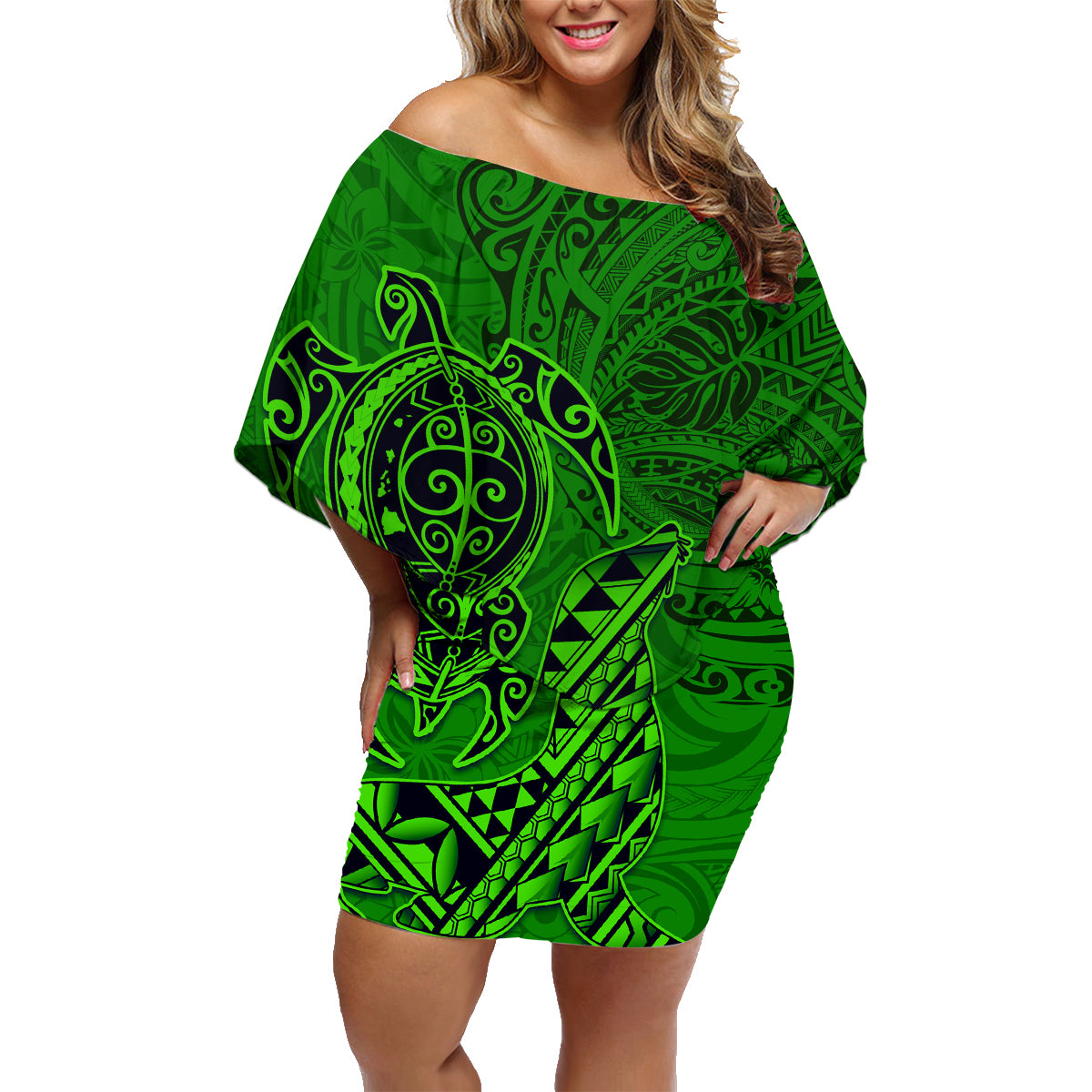 Hawaii Monk Seal and Dolphin Family Matching Off Shoulder Short Dress and Hawaiian Shirt Polynesian Kakau Pattern Green