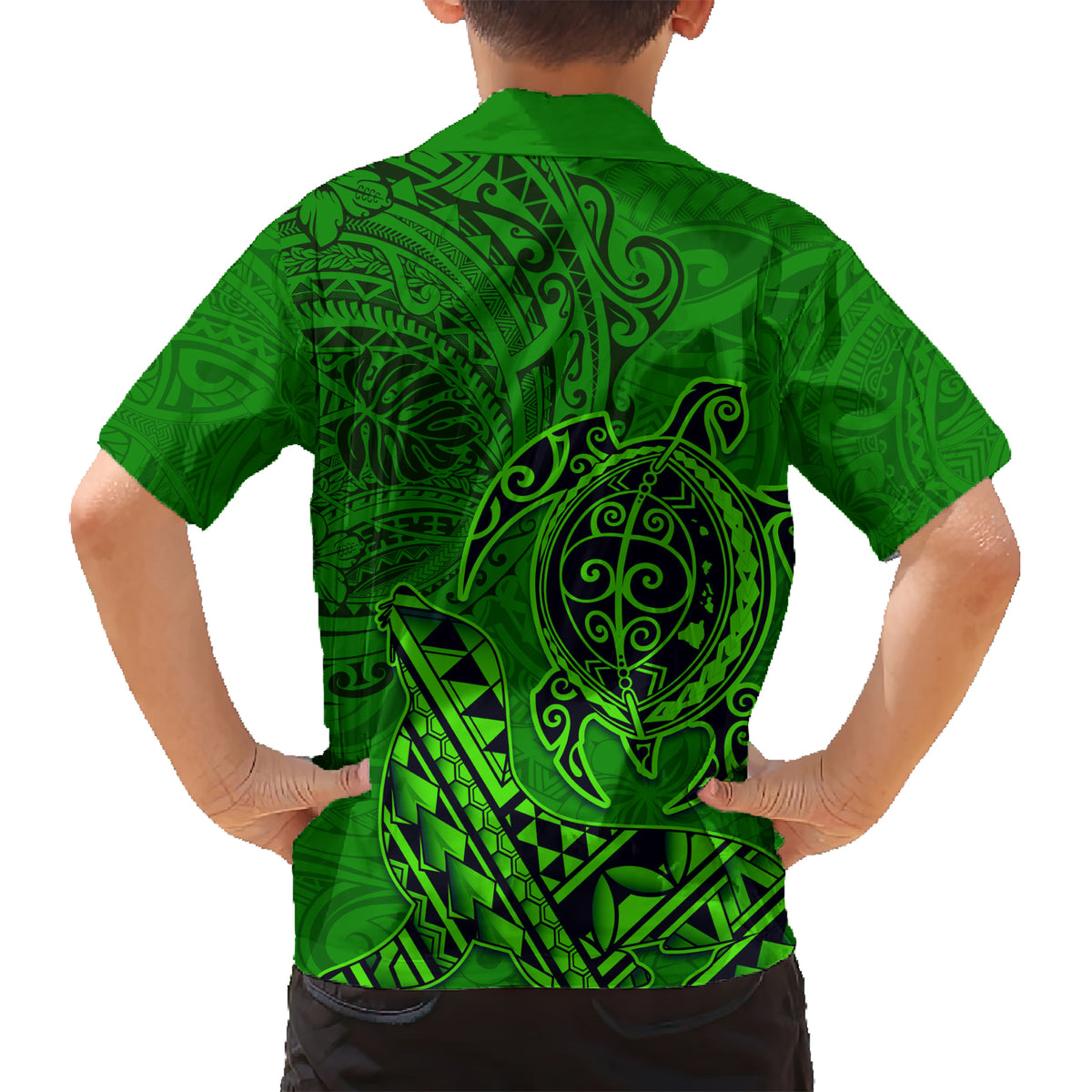 Hawaii Monk Seal and Dolphin Kid Hawaiian Shirt Polynesian Kakau Pattern Green