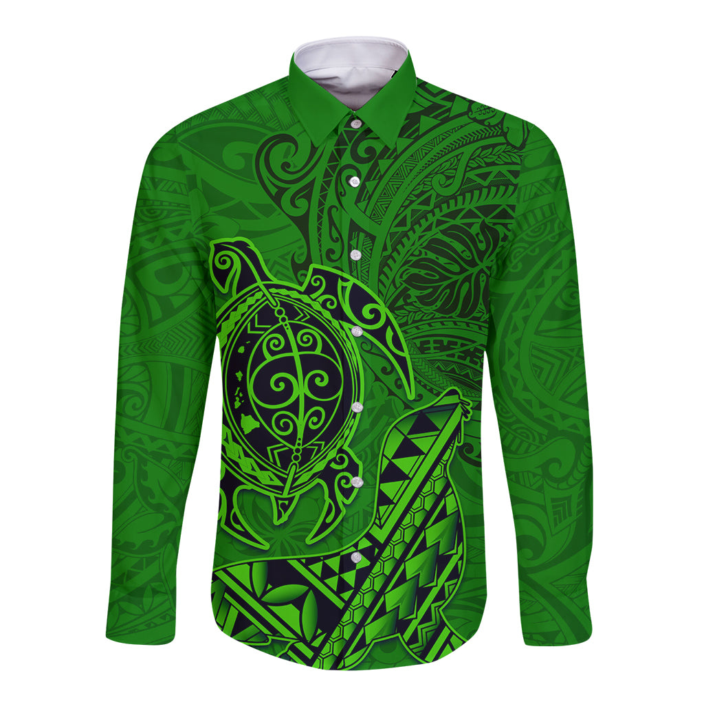 Hawaii Monk Seal and Dolphin Long Sleeve Button Shirt Polynesian Kakau Pattern Green