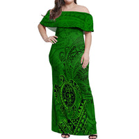 Hawaii Monk Seal and Dolphin Off Shoulder Maxi Dress Polynesian Kakau Pattern Green